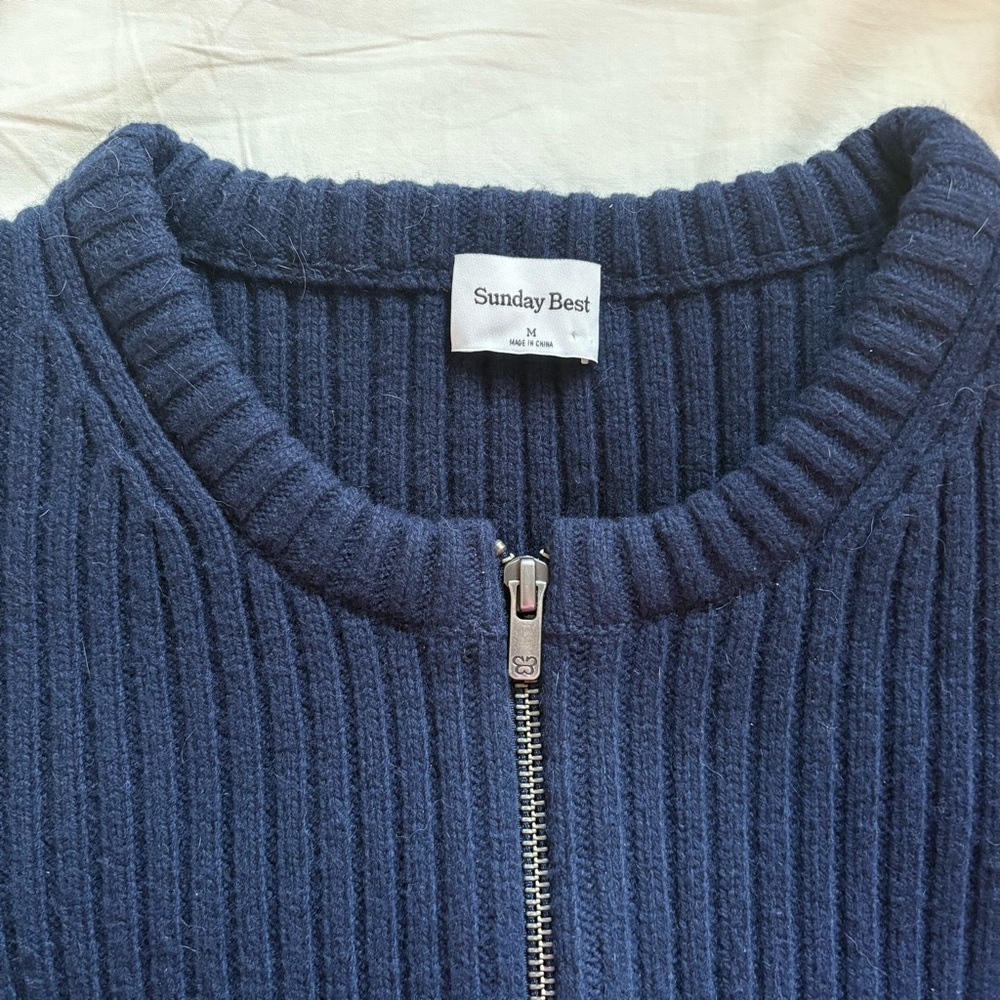 Sunday Best Navy Ribbed Zip-Front Cardigan Sweater - Picture 2 of 4